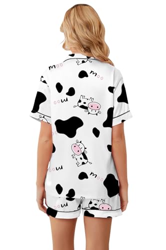 Image of Umeyda Women & Girls Pajamas Set, 2 Piece PJS Satin Silk Sleepwear Button-Down Top with Shorts for Mom Kids Gifts
