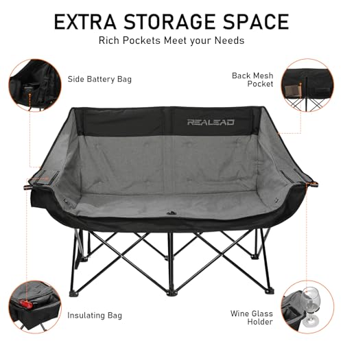 REALEAD Heated Double Camping Chair, 3 Heat Levels and 4 Heating Zones, Portable Heated Loveseat Chair for Outdoor Sports Support 650lbs, Heated Folding Chairs for Outside, Battery NOT Included - Thumbnail 5