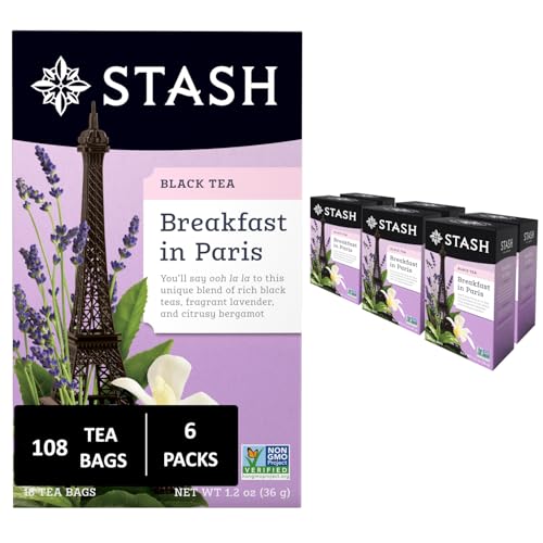 Image of Stash Tea Breakfast In Paris Black Tea - Caffeinated, Non-GMO Project Verified Premium Tea with No Artificial Ingredients, 18 Count (Pack of 6) - 108 Bags Total