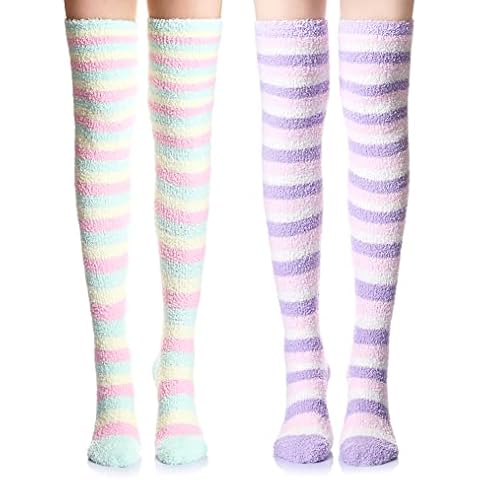 DoSmart Womens Soft Warm Coral Velvet Knee High Stockings Fuzzy Socks, 2 Pairs Stripe a, One Size Cover