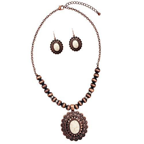 Rosemarie & Jubalee Women’s Cowgirl Chic Western Style Statement Concho Howlite Stone Pendant Necklace Earrings Set, 18"-21" with 3" Extender (Natural White Howlite Copper Tone)2
