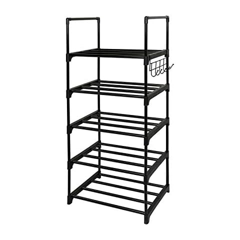 PHINGEER 5-Tier Shoe Rack, Shoe Storage with Metal Side Hooks, Space Saving Shoe Organiser, Quick Assembly and No Tools Required Cover