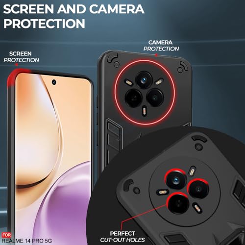 Image of AESTMO Realme 14 Pro 5G Back Case Cover | Tough Armor Bumper | Ring Holder & Kickstand in-Built | 360 Degree Protection Cover for Realme 14 Pro 5G (Black)