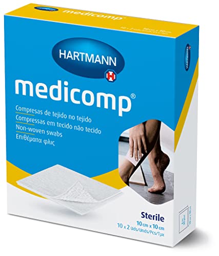 MEDICOMP, Gasas Estériles 10x10, Compresas de Tejido, Vendaje Extrasuaves y Absorbente, Vendas para el Tratamiento de Heridas o Procedimientos Ambulatorios, 10 x 2 Unidades, Color Blanco