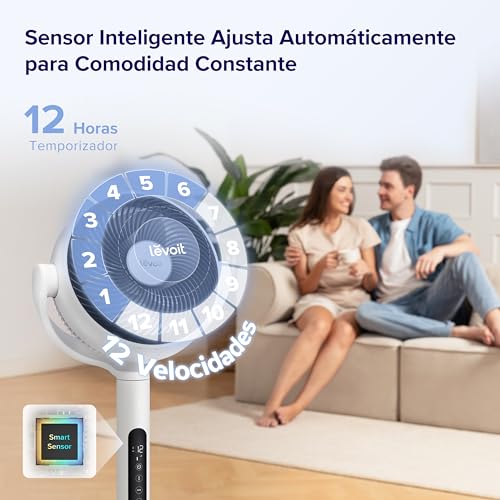 LEVOIT 20dB Ventilador de Pie Silencioso con Mando, Motor DC, 30W Circulador Ventilador Bajo Consumo, 4 Modo y 12 Velocidades a 2465m³/h, 30M de Viento, Temporizador 12h, Oscilación de 90°+120° - imagen 6