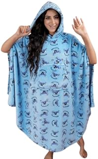 بونشو شتوي مطبوع، قماش فرو دافئ، تصميم كارتوني، لون أزرق سماوي، مقاس واحد يناسب الجميع