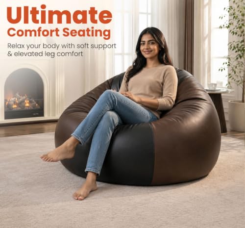 Image of Sattva Classic 4XL Bean Bag Chair with Beans Filled | Faux Leather Sofa Style Beanbags | Pre-Filled Bin Bags Sofa for Adults & Kids | Beam Bag for Home & Office - Black & Brown