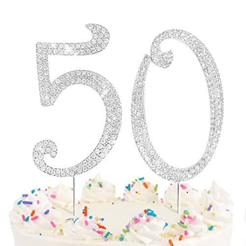 Number Cake Topper 50, Uniideco Silver Rhinestone Premium Metal Bling Bling Cake Decor, Sparkly Happy Birthday Wedding Anniversary Party Decoration Centerpiece #TOP5