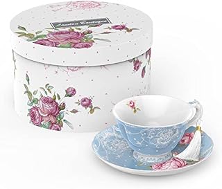 London Boutique Tea Cup and Saucer Set 1 Afternoon Tea Set New Bone China Vintage Flora Gift Box 200m (Blue)