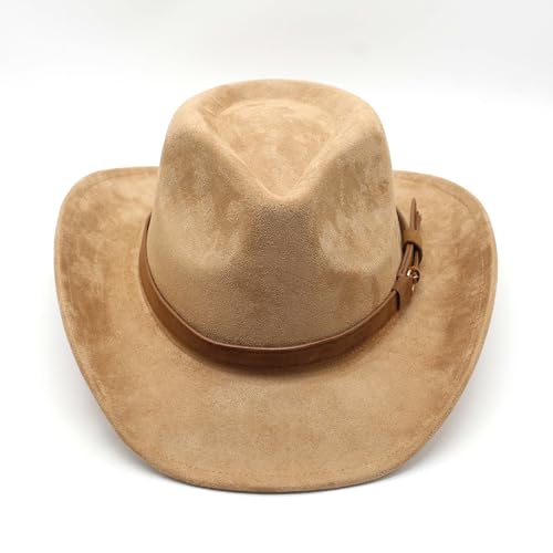Image of Unisex Western Suede Cowboy Cowgirl Hat Classic Wide Brim Fedora Hat for Men &Women