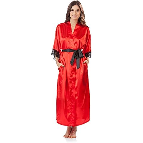 Ashford & Brooks Women's Satin Lace Trim Long Kimono Robe - Red - Large Cover