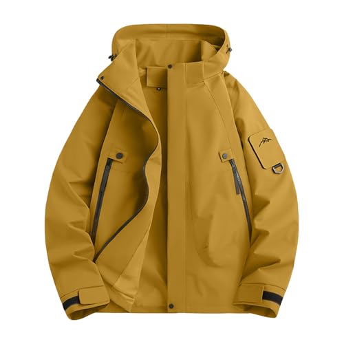 Lovraj Chubasquero impermeable para hombre, color sólido, chaqueta cortavientos para bicicleta, para exteriores, con capucha, amarillo, L