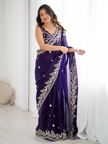 Image of Satrani Women's Tissue Silk Scalloped Border Sequins Embroidery Saree with Unstitched Blouse Piece