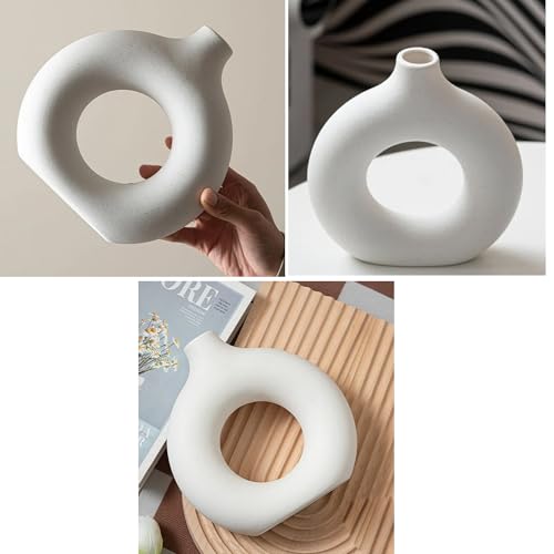 Image of Amazon Basics Hand Crafted Ceramic Donut Shaped Vase with Pampas Grass | for Unique Home Decor (Pack of 3), White