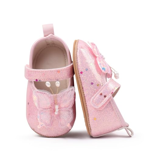 Baby Girls Mary Jane Flats Anti-Slip Soft Rubber Sole First Walk Toddler Butterfly Princess Dress Shoes4