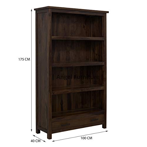 Image of ANGEL FURNITURE Solid Sheesham Wood Bookshelf with Drawer | Large Full-Size Storage Rack | Walnut Finish, Semi-Gloss | 100x40x175 CM