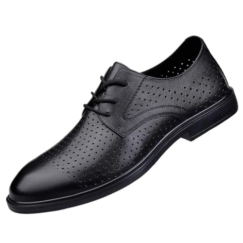 Men’s Leather Dress Shoes for Men, Breathable Hollow Round Toe Lace-up Genuine Leather Comfort Dress Shoes for Wedding Office
