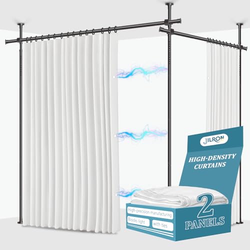 Image of JILRON No-Drill Privacy Curtains for Room Divider Set: Includes 106 inch W x 84 inch L White Curtain 2-Panel & Adjustable Pole Brackets (72-200 inch W x 43-120 inch H Adjustable Range)