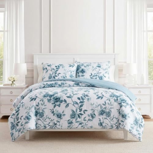 Image of Martha Stewart - King Comforter Set, Textured Cotton Jacquard with Refined Softness & Medium Weight Feel, 3 Piece Bed Set with Matching Pillowcases (Vivian Floral Blue)
