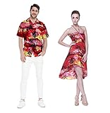 Couple Matching Hawaiian Luau Party Outfit Set Shirt Dress in Sunset Red Men XL Women M