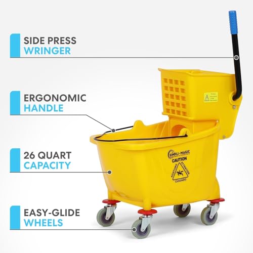 Image of SIMPLI-Magic Side Press Wringer Combo Commercial Mop Bucket on Wheels, 2-Pack, 35 Quart, Yellow, Including Wet Floor Caution Sign and Mop Set, Polyethylene