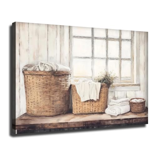 Laundry Basket Canvas Wall Art, Laundry Baskets Painting, Vintage Farmhouse