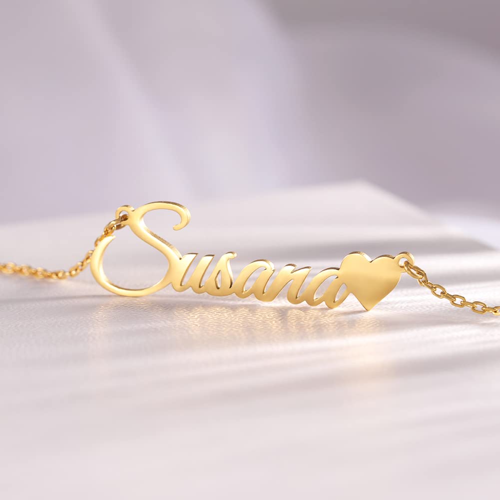 TinyName Custom Name Necklace Personalized 18K Plated Nameplate Customized Jewelry Gift for Women: Horizontal Name Necklace-Heart 2
