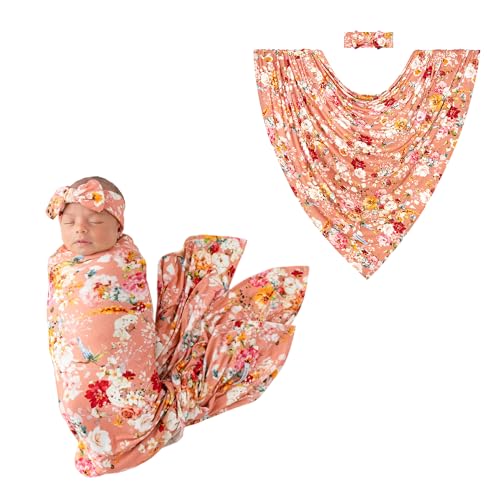 Image of Posh Peanut Swaddle Blanket & Headband Set - Viscose from Bamboo Stretchy Baby Swaddle for Newborn Girls, Receiving Blanket or Nursing Cover
