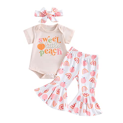 Image of YOKJZJD Newborn Infant Baby Girl Outfits Peach Short Sleeve Romper T-Shirt Tops Bell Bottom Pants Set Summer Clothes (Pink, 0-6 Months)
