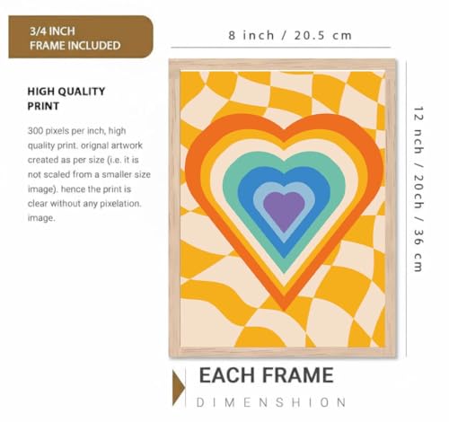 Image of BLINKART Heart Retro Checkered Aesthetic Modern Art Walls With Frame | Natural Wood Texture | Living Room Bedroom Office Wall Decoration | Poster Home Decor Frames Wall Bedroom | 12x8 Inches (D71)