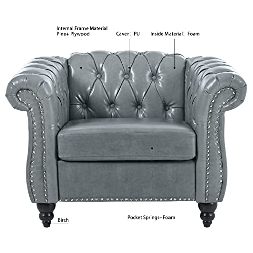 Yuxuanhang Modern Chesterfield Armchair Pu Leather, Rolled Arm Tufted Back Accent Chairs, Upholstery Nailhead Trim For Living Room Office (Grey) #TOP3
