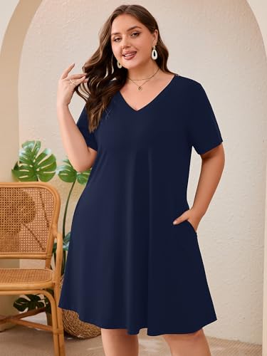 Image of AusLook Plus Size Midi Dress for Women Loose V Neck Short Sleeve Summer Casual A Line T Shirt Sundresses with Pockets 1X-5X