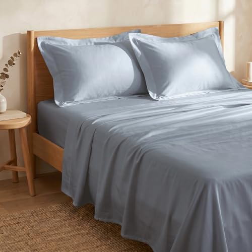Image of HUESLAND Premium 300 TC Pure Cotton Sateen Weave Queen Bed Bedsheet with 2 Pillow Covers Included | Greyish Blue | 88 x 100 inches