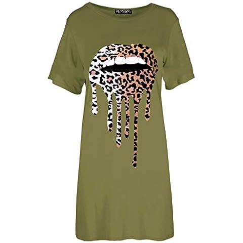 Be Jealous Womens Leopard Animal Lips Oversized Short Sleeve Baggy Tunic T-Shirt Dress Khaki Plus Size (UK 24/26) Cover