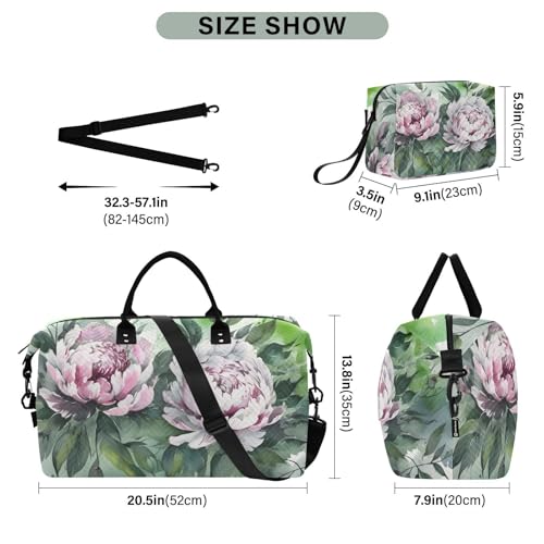 Large Travel Duffel Bag, Peony Watercolor Sports Tote Gym Bag, Shoulder Weekender Overnight Bag for Women Men, Carry On Luggage with Toiletry Bags3