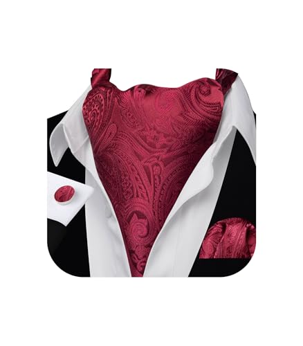 Image of Barry.Wang Ascot Ties Cravat Tie Men Paisley Plaid Scarf Self Tie Pocket Square Cufflinks Set Wedding Party