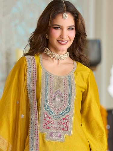 Image of INDO ERA Women's Silk Blend Ethnic Motifs Embroidered A-Line Kurta & Pant with Dupatta Set (IEOUT12371)