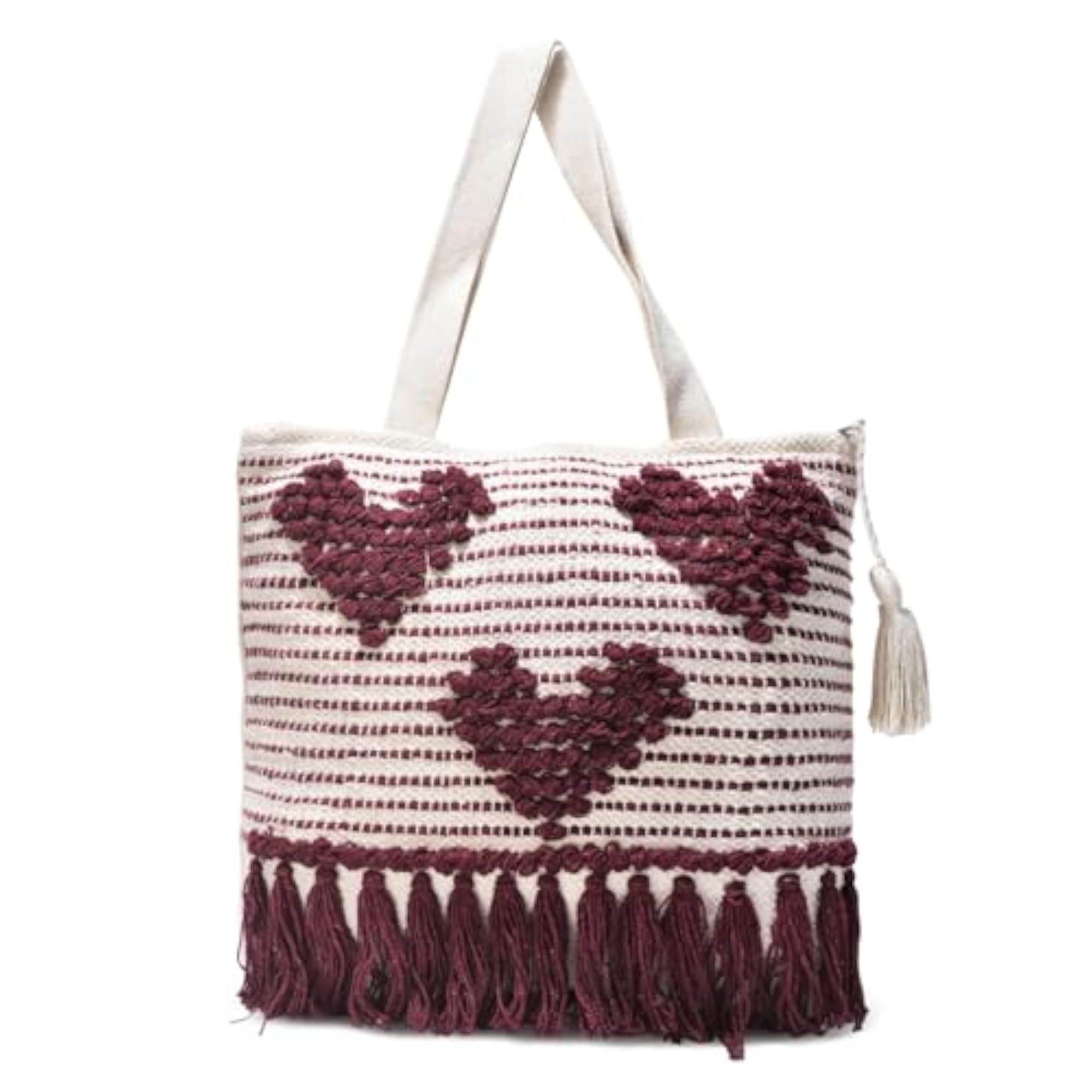 Women's Handcrafted Cotton Boho Tote Bag with Maroon Heart Tassels