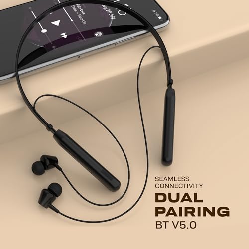 Image of AROMA NB119 Pace Wireless Neckband Bluetooth Earphones, Carbon Black | Up to 48H Playtime, Dual Pairing, Fast Charging, Heavy Bass