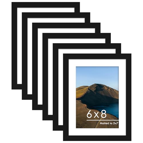 PEALSN 6x8 Picture Frame Set of 6, Display Pictures 5 x 7 with Mat or 6 x 8 Without Mat for Wall Mounting or Table Top Display, Photo Frames Collage for Wall Decor, Black.