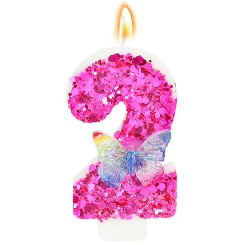IDIJOLI Butterfly Number 2 Candles Glitter Hot Pink Birthday Candles for Cake Topper with Sequins for Anniversary Celebrations Supplies (Number 2)