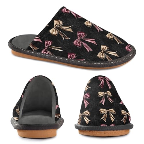 Slippers for Women Gold Pink Bows Black Pattern Soft Winter Warm Shoes Indoor Outdoor Non-Slip House Travel Slippers4