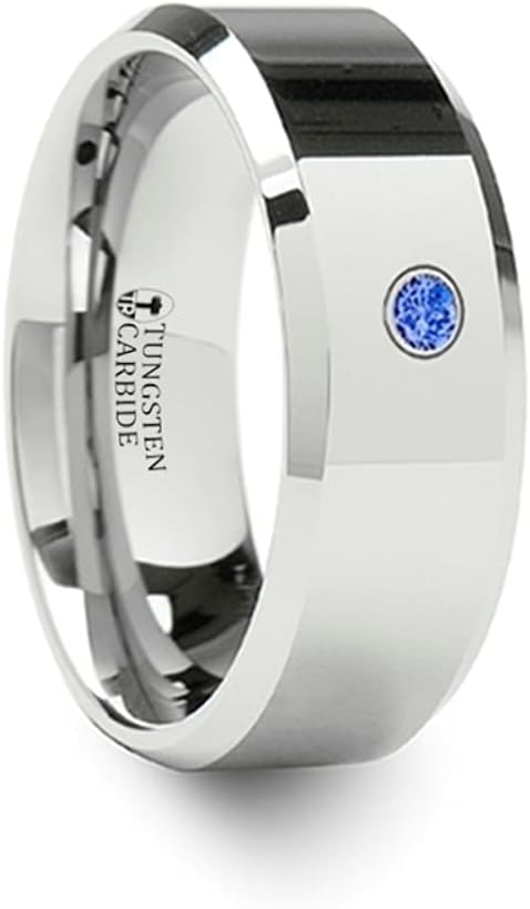 Mens Comfort Fit -Beveled Blue Diamond Tungsten Carbide Wedding Band - 6mm 8mm Wide - Style name: KENSINGTON