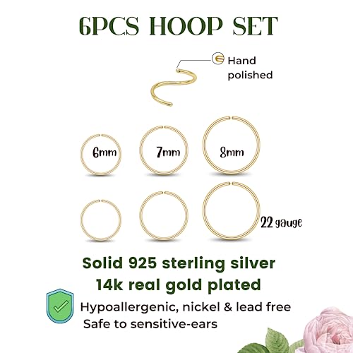 3 Pairs 14k Gold Plated Sterling Silver Small Hoop Earrings Set for Women Cartilage Nose Septum Helix Tragus Rings Multiple Piercing Jewelry, Hypoallergenic Thin Tiny Gold Hoops 6mm 7mm 8mm