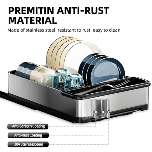 Image of Ewaiira Stainless Steel Dish Drying Rack with Drainboard, Pull Out Cabinet Organizer 12.6 inch Wx16.5 D, Heavy Duty Slide Out Drawers for Plates, Kitchen Cabinets Pantry Storage