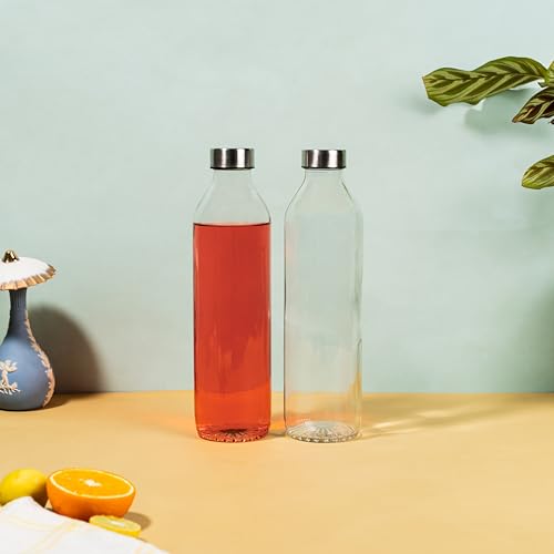 Image of Glassbunny Glass Water Bottle with Leak-Proof Airtight Stainless Steel Lid for Water, Smoothie, Juices Reusable Travel Drinking Fridge Bottles 800 ML Pack of 2