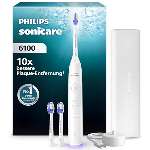 Philips Sonicare 6100 elektrische Zahnbürste, Schallzahnbürste mit 2 Putzmodi, 3 Intensitätsstufen, Andruckkontrolle, EasyStart, SmarTimer, Reiseetui, Weiß, Modell HX7400/02 [Neue Technologie]