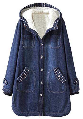 Hotmiss Women's Oversized Boyfriend Thick Fleece Denim Jacket Hooded Jean Outwear (Small)