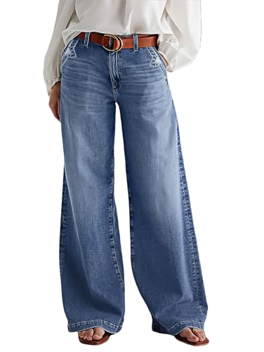 Flamingals Wide Leg Jeans for Women Mid Waist Baggy Stitch Decor Denim Washed Pants Without Belt