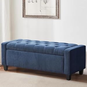 Ottoman with Storage, 48.8″ Fabric Storage Ottoman Bench with Hinge, Bedroom Bench, Upholstered Benches with Seating for Living Room, Entryway (Dark Blue)